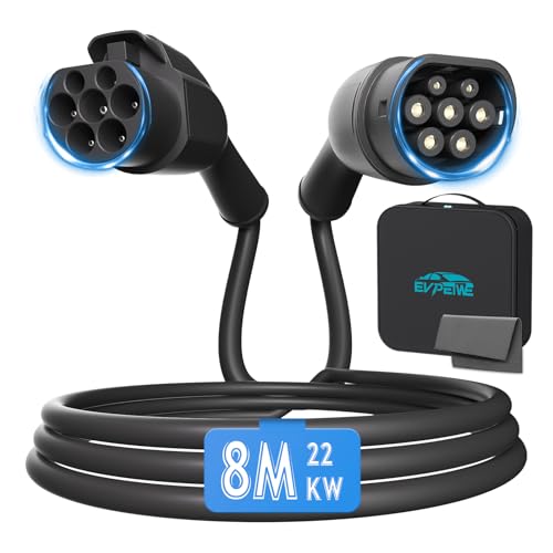 EVPEIWE Cable de Extensión para Carga de Coche Eléctrico Tipo 2 | 22KW | 32A | Trifásico | 8M | Cable Alargador Tipo 2 con Bloqueo de Seguridad para VE y Híbridos Enchufables, IP54