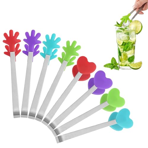 LUMOOM Lot de 8 mini pinces à sucre en acier inoxydable avec poignées en silicone - Idéales pour bar à bonbons, buffet, amuse-bouches, fête et barbecue
