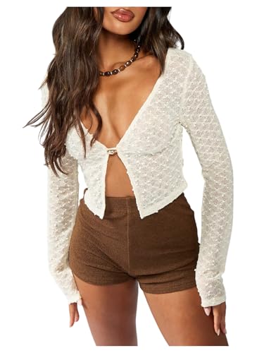WDIRARA Women's Deep V Neck Cropped Cardigan Sweater Long Sleeve Knitted Outerwear