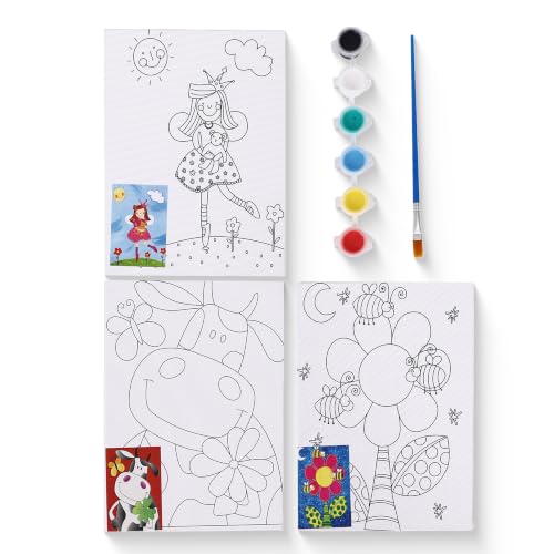 Image of Neomate Canvas Painting Kit for Kids | DIY Painting Set with 3 Printed Canvas, 6 Acrylic Paint Pots & Brush | Art and Craft Kit, Paint Kit for Kids, Birthday Gift, Return Gift, Creative Activity Set