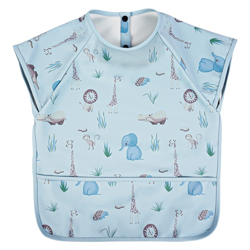 Vicloon Baberos Para Bebés, Babero De Destete Sin Mangas De Impermeable Con Recolector Alimentos, Material Pu Suave, Fácil De Limpiar, Delantal De Dibujo Para Bebés Come O Juega, Zoológico Azul