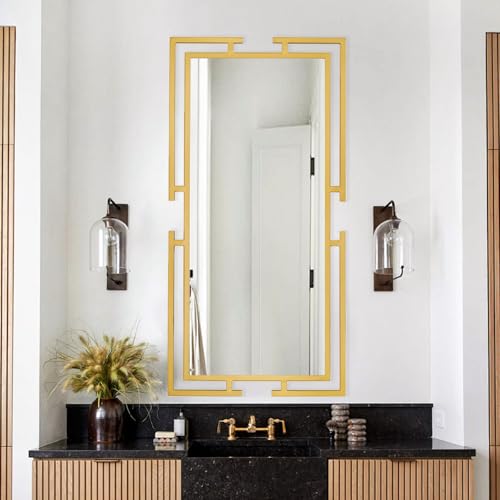 Image of Large Mirror Wall Decor, 46.5 inchx23 inch Gold Mirror with Metal Frame for Bedroom, Living Room, Bathroom, Tempered Glass, Horizontal /Vertical