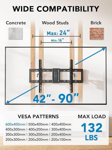 Image of Pipishell UL Listed TV Wall Mount for 42-90 inch TVs, Advanced Tilt TV Mount Bracket with 15 Full Tilt, 6-inch Arm Extension, Slide to Center, 16″ /18″ /24″ Wood Studs, Max VESA 600x400mm up to 132 lbs