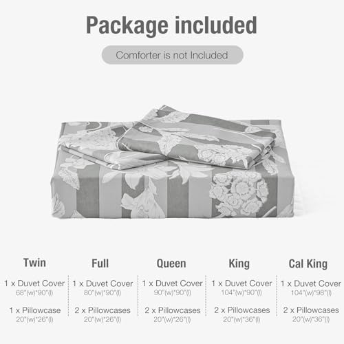 Image of Lekesky Gray Duvet Cover King Size, Grey Comforter Cover King Size Floral Printed Duvet Set, 3 Pieces Soft Microfiber Bedding Set with Zipper Ties (King, 104 inchx90 inch)