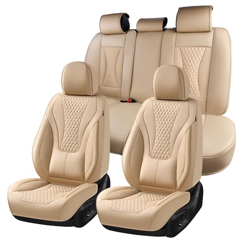 Image of Coverado Waterproof Nappa Leather Car Seat Covers, Automotive Fullset Seat Covers, 5 Seat Car Seat Cushion & Car Seat Protector, Beige Front and Rear Covers Universal Fit for Most Cars, SUVs, Trucks