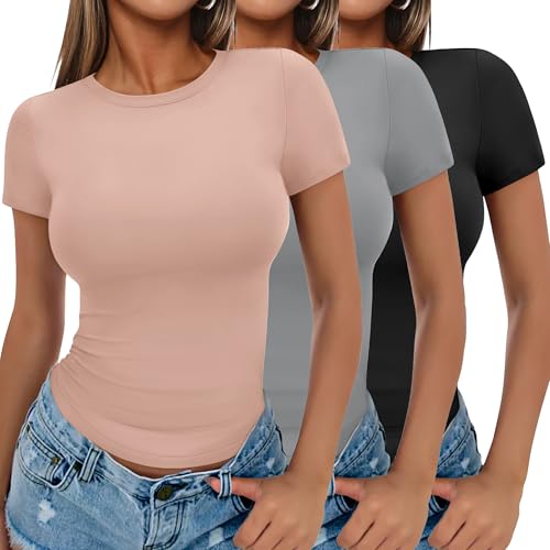 Ekouaer Damen 3 Pack T-Shirts Rundhlas Unterhemd Kurzarm Oberteil Slim Fit Basic Crop Tops, Schwarz + Rosa + Grau, S
