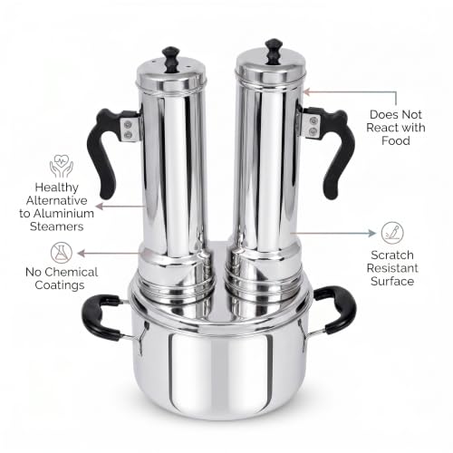 Image of Nakshathra Stainless Steel Puttu Maker with Steamer, Puttu Kudam, 2 Puttu Pipe & Free One Extra Pipe, Gas & Induction Compatible, Durable Food-Grade Rice Cake Maker