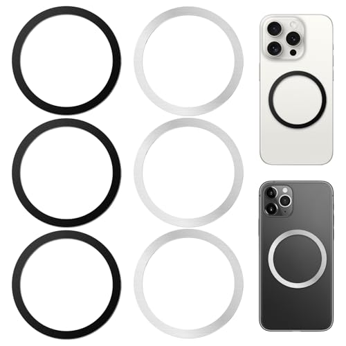 Suofuolef 6 stuks metalen ringen met stickers voor magnetische oplader, metalen plaat, mobiele telefoon, compatibel met MagSafe, magnetische telefoonhouder, zwart + zilver