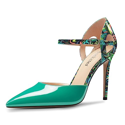 Saekcted Womens Stiletto High Heel Pointed Toe Pumps Ankle Strap Patchwork Party Cute Patent Leather 3.9 Inches Heels - Main Image