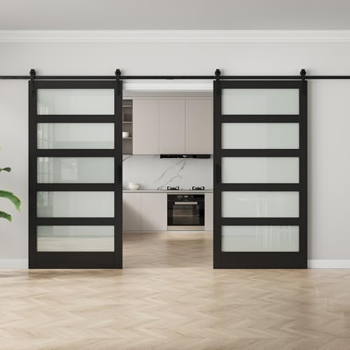 Image of 84 inchx84 inch Frosted Glass Barn Door with 14FT Sliding Hardware & Handle, Black
