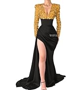 Long Sleeve Sequin Mermaid Prom Dresses V Neck Satin Ball Gowns for Women Formal Sparkly Evening ...