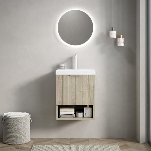 ZHOMGG Mueble de baño - Lavabo de cerámica integrada, puertas de madera maciza, almacenamiento práctico con estante abierto, montaje en pared, blanco roto (grifo no incluido) (42 cm)