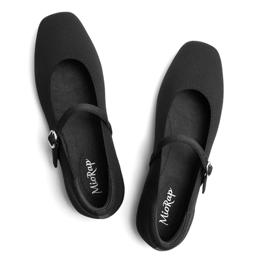 Square Toe Mary Jane Flats for Women Dressy Comfortable Knit Ballet Flat Adjustable Strap for Work