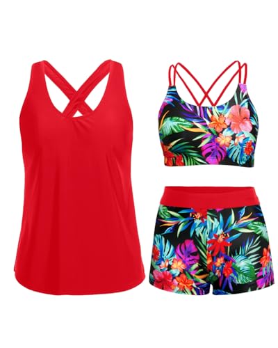 Image of Holipick 3 Piece Tankini Swimsuits for Women Tummy Control Bathing Suits Swim Tank Top with Bra Boy Shorts Teen Swimwear 2026