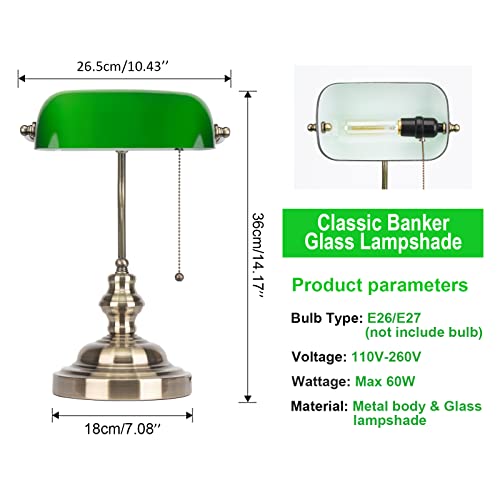 Jeuneu Green Glass Bankers Desk Lamp With Pull Chain Switch Plug In Fixture Traditional Library Lamp Vintage Office Table Lamp With Brass Base For Workplaces Library Bedroom Piano Style Lamp #TOP5