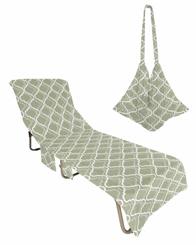 Sage Green Geometric Beach Lounge Chair Towel Cover, Soft Chaise Lounge Towel with Side Pockets Patio Pool Chairs Cover for Beach/Pool Sunbathing 29x85 Morocco Modern Contemporary Abstract
