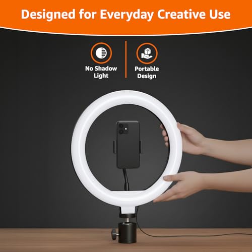 Image of Amazon Basics 10-inch Ring Light | 3 Color Modes | 10 Brightness Settings | Compatible with All Smart Phones | Suitable for Vlogging, YouTube Videos, Photoshoots, Live Streaming & More