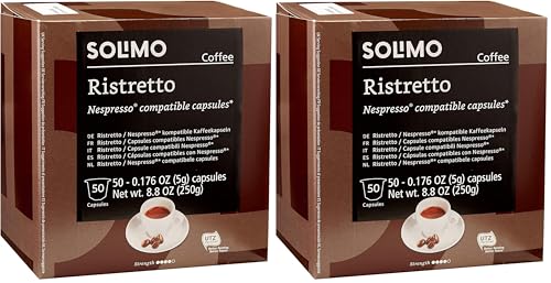 Image of Amazon Brand - Solimo Ristretto Capsules, Dark Roast, Compatible with Original Brewers, Pack of 2x50 Capsule (50 count)