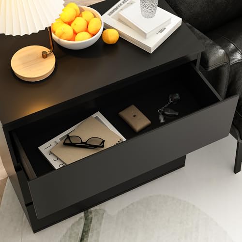Image of Nightstand with 3 Drawers, Modern Bedroom End Table with No Handle, Wooden Bedside Storage Cabinet, Black 30.3 inch W x 32.3 inch H