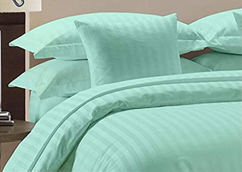 Image of YKC Glace Cotton Satin Striped Plain Color King Size Bedsheet for Double Bed with Two Pillow Covers (Aqua - 90 x 100 Inch)