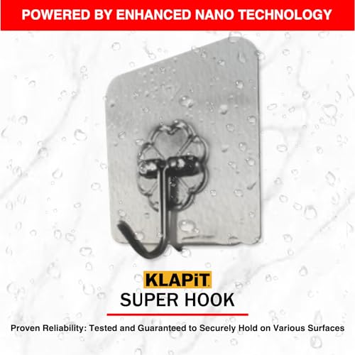 Image of KLAPiT Super Hook - Heavy Duty Self Adhesive Wall Hooks, Holds Up To 5kg, Waterproof, No Damage, Easy Installation on Tiles, Wood, Stone, Glass and Metal, Made of Steel (Clear, 24 Pack)