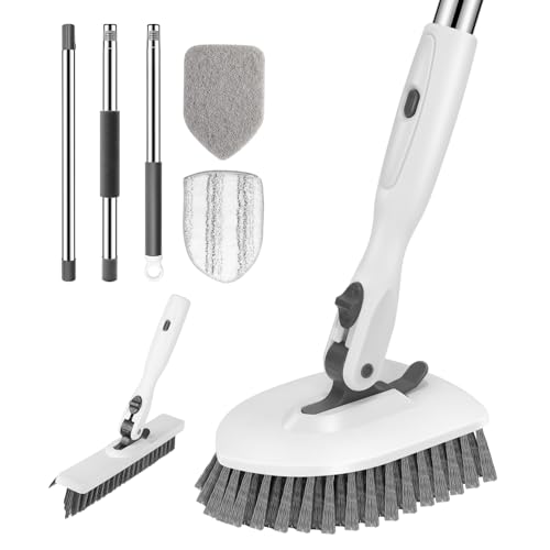 Image of SetSail 4-in-1 Tile Tub Floor Scrubber with 52-inch Long Adjustable Handle Shower Cleaner Brush with V-Shaped Grout Brush and 3 Replacement Brush Heads for Bathroom Kitchen Walls Tub Tile, White Grey