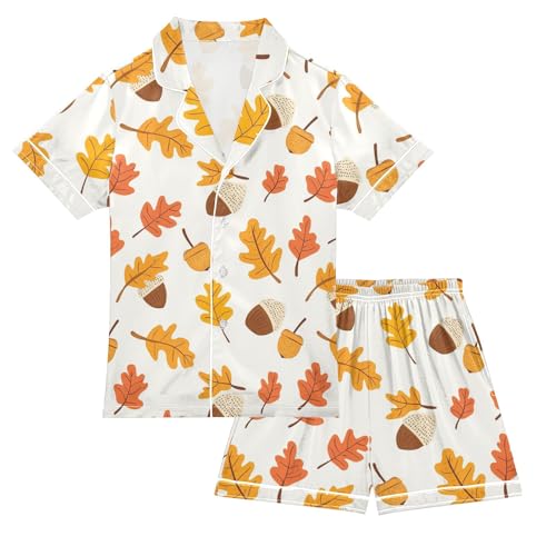 Autumn Acorn Prints Summer Satin Pajama Set, Cute Button-Down Sleepwear Pj Set for Sleep Wears