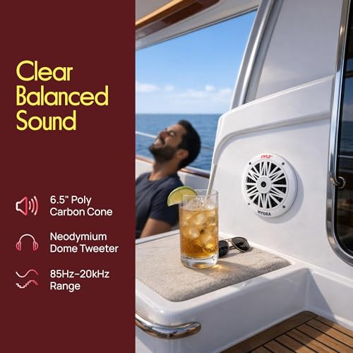 Image of Pyle 6.5 Inch Dual Marine Speakers - 2 Way Waterproof and Weather Resistant Outdoor Audio Stereo Sound System with 200 Watt Power, Poly Carbon Cone and Butyl Rubber Surround - 1 Pair (White)