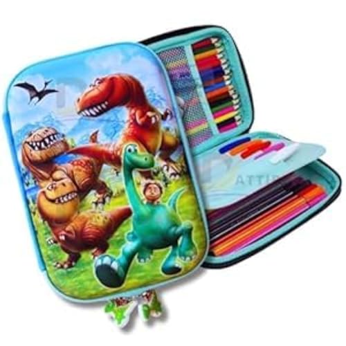 Image of Canvas 7D Dragon Dinosaur Animal Pen Pencil Case with Multi Compartments, Compass Box Pouch for Kids, School Students Stationery Items Geometry Box Cosmetic Zip Pouches Bag (Multicolor)