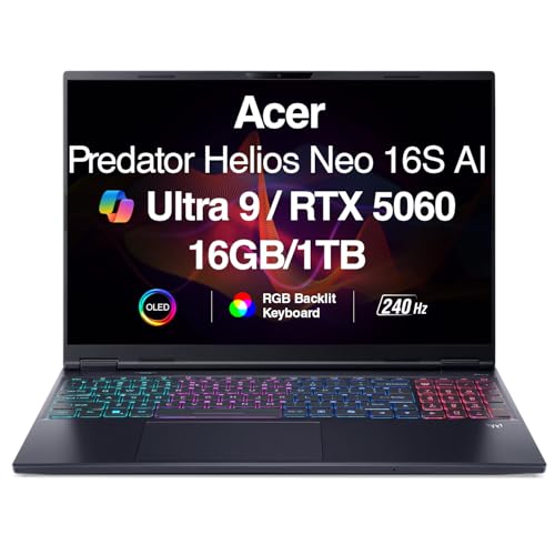 Image of Acer Predator Helios Neo 16S AI Gaming Laptop 16.0 inch 240Hz OLED WQXGA (Intel Ultra 9 275HX, GeForce RTX 5060 8GB, 16GB DDR5, 1TB SSD, AI Copilot, Thunderbolt 4, RGB KB, Wi-Fi 6E, Win 11 Pro)
