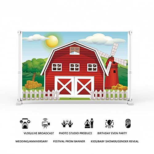 Haoyiyi 10X8Ft Happy Birthday Background Cartoon Red Barn Farm Green Grass Trees Fence House Wildmill Backdrop Photography Photo 1St First Princess Favors Party Photo Booth Studio Prop #TOP4
