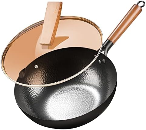 Hyoank AsianTraditional Wok Pan, 12.4'' Woks and Stir Fry Pans, Carbon Steel Wok with Lid Suits for all Stoves