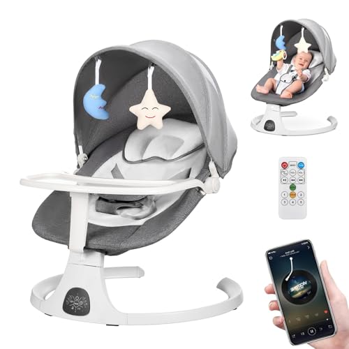 Baby Swing for Infants Portable Electric Swing with Bluetooth Remote Control Timing Function and 8 Music 5 Speeds 3 Seat Positions Baby Bouncer for Boy Girl Indoor & Outdoor Use (Gray)