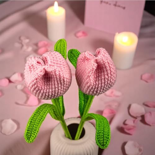 Image of Tulip Crochet Flowers | Handcrafted Artificial Faux Woolen Flower with Long Stem | Natural Looking Knitted Flower for Home, Living Room, Vase & Bouquet Decoration & Gifting | Baby Pink- 2 Pcs