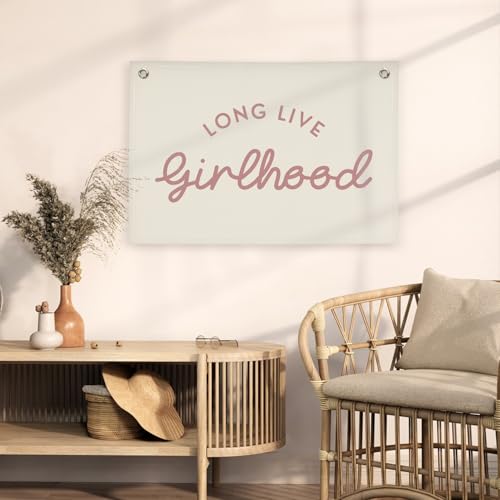 Image of Girls Room Decor Long Live Girlhood Linen Banner Hanging Flag Retro Banner for Nursery Playroom Wall Decor for Kids Bedroom Decorations,Baby shower gifts 30x20 In (Pink Letter)