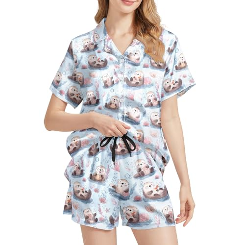 Image of Silk Satin Pajama Set for Women Summer Lounge Pjs Sets 2 Piece Suit Ladies Button Down Tops And Shorts Sleepwear