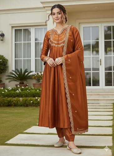 Image of Yashika Women's Silk Blend Embroidered Anarkali Kurta Set with Dupatta | Full Length Ethnic Wear for Women | Wedding