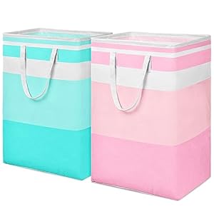2-Pack 75L Laundry Hamper Collapsible Waterproof Laundry Basket with Easy Carry Handles Freestanding Tall Clothes Hampers for Laundry Bedroom Bathroom Pink & Green