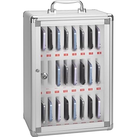 GODLONSEN 24 Slots Cell Phone Locker,Pocket Chart Cell Phones Storage Cabinet for Cell Phones,Wall-Mounted with a Locked, Lock Box for Phone with Handle for Enterprise & Classroom - Silver Cover