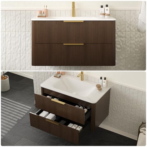 Image of 36 inch Wall-Mounted Bathroom Vanity Cabinet with Sink, Walnut | Integrated Basin Sink, Carrara White Sintered Stone Basin, 2 Soft-Close Full-extension Drawers, Golden Handles, Pre-assembled