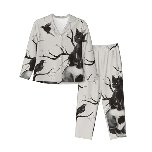 Anceky Pijama de Halloween para Mujer, con diseño de árbol, Cuervos, Gato Negro, Calavera, Ramas,AAAAAAlarga, Pantalones Largos, 2 Piezas