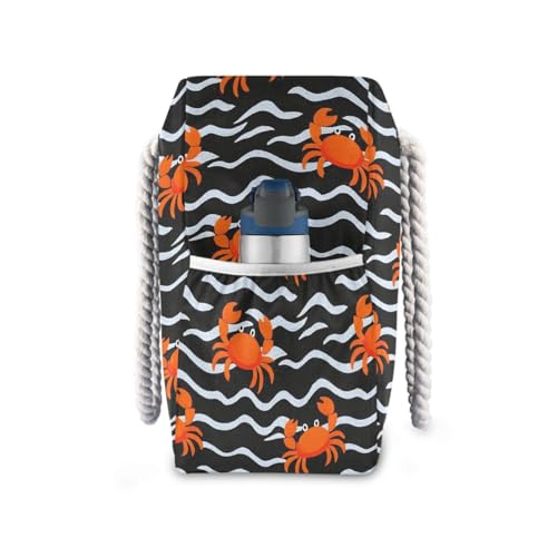 Cartoon Orange Crab Wave Pattern Portable foldable beach bag with zipper tote bags for schoo Travel Essentials Beach Gifts Birthday Gifts for Women3