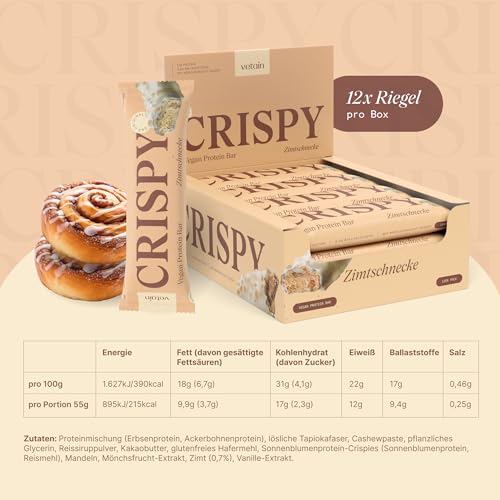 VETAIN Vegan Proteinriegel - Crispy Zimtschnecke - 12g Protein pro Riegel - Mit Mönchsfrucht gesüßt - 100% natürliche Zutaten - Ohne Palmöl - Frei von Sucralose & Maltit - 12 x 55g 6