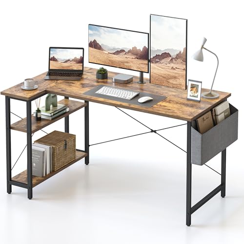 CubiCubi L Shaped Desk, 55' Computer Table with Reversible Storage Shelves Home Office Corner Study Writing Gaming, Rustic Brown