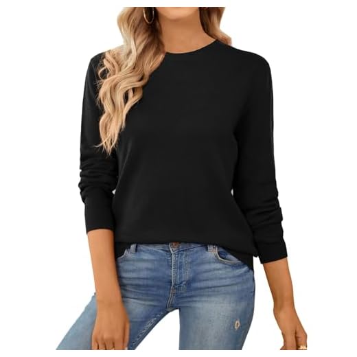 QUALFORT Damen Pullover 100% Baumwolle Leichter Langärmeliger Basic Strickpullover Schwarz M
