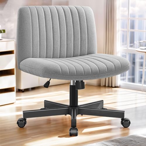 Criss Cross Office Chair - Wide Seat Cross Legged Desk Chair with Wheels - Adjustable Height Armless Office Chair - Comfy Fabric Vanity Chair for Home Office Study Makeup - LightGray