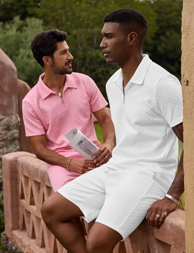 Image of URRU Mens Textured Polo Shirt and Shorts Sets Outfits 2 Piece Summer Tracksuits Casual Quarter Zip Golf Polo Shirts