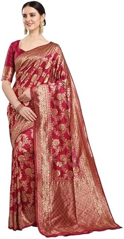 EthnicJunction Women's Kanchipuram Silk Half and Half Woven Saree With Blouse Piece, red, Maroon, One Size
