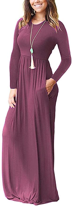 Image of AUSELILY Womens Long Sleeve Maxi Dress Casual Empire Waist with Pockets | Versatile year round long dress for spring, fall, winter, available in floral prints and solids