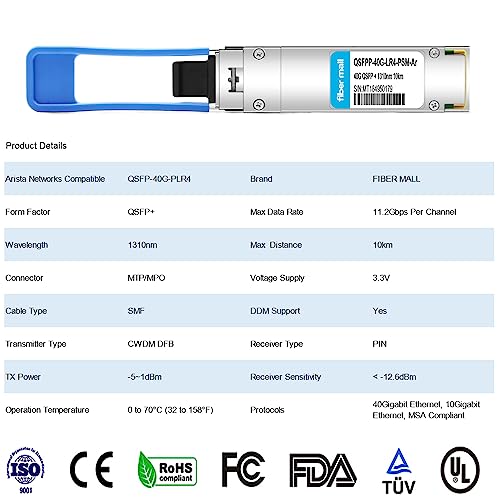 Image of 40G QSFP+ PLR4 PSM for Arista Networks QSFP-40G-PLR4 4 x 10GBASE-LR 40GBASE QSFP+ PLR4 1310nm 10km DOM MTP /MPO-12 SMF Optical Transceiver Module
